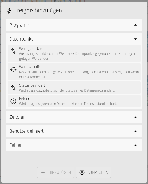 Dialog Ereignis hinzufügen mit Datenpunkt-Auslösern