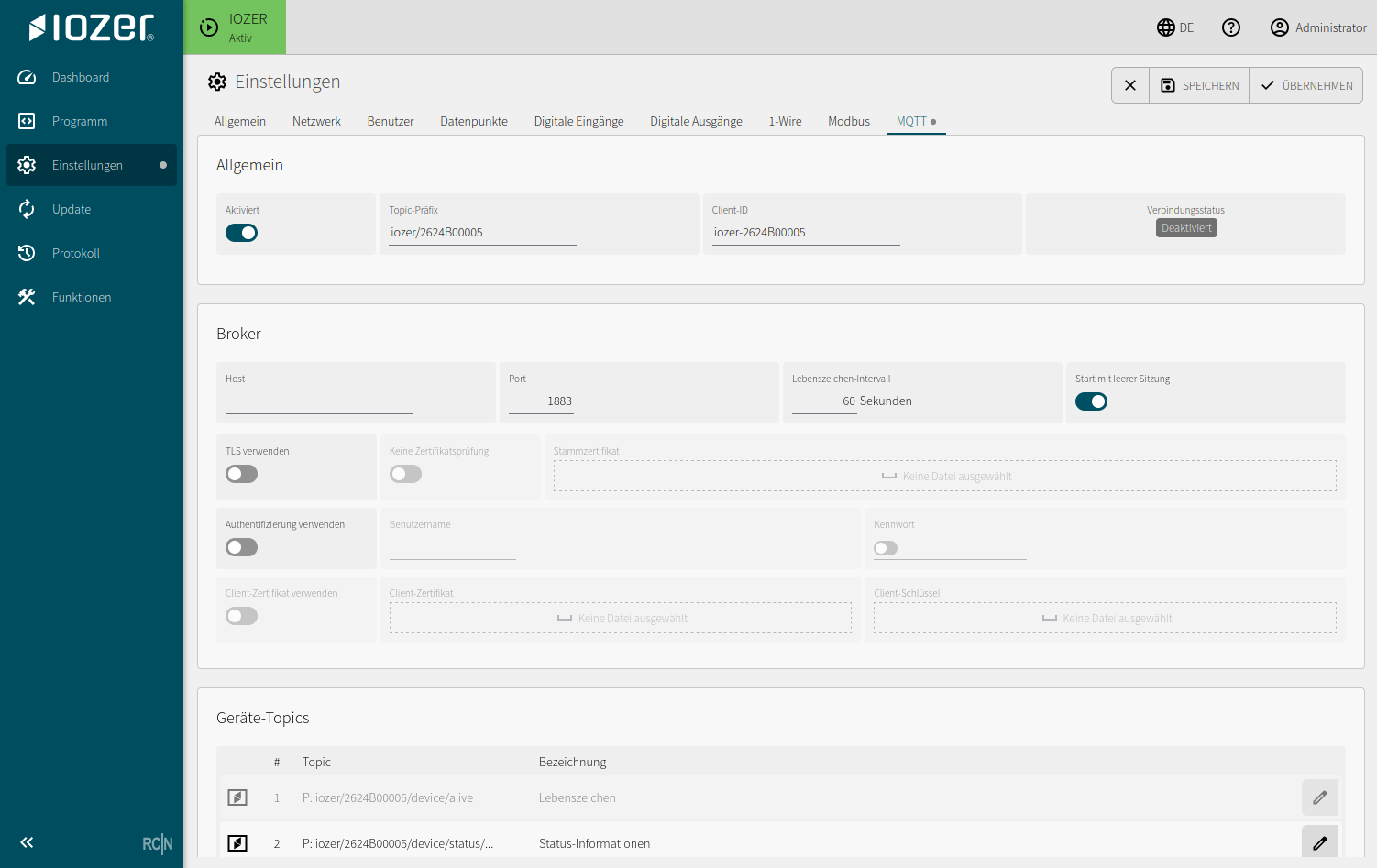 MQTT-Einstellungen mit Topic-Präfix, Broker-Verbindung, TLS-Optionen und Geräte-Topics