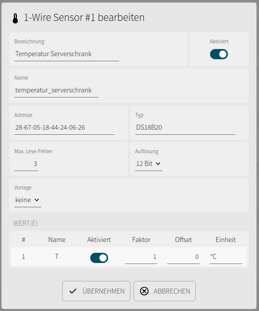 Detaildialog eines 1-Wire-Sensors mit Adresse, Typ, Auflösung und Einstellungen des Messwerts