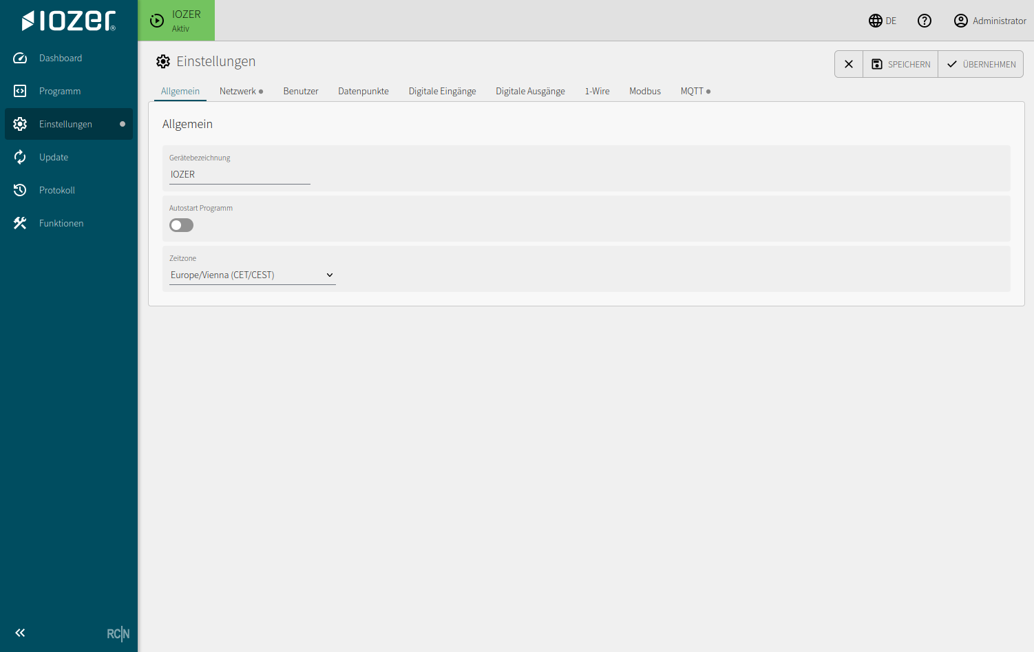 General settings with device name, program autostart, and time zone