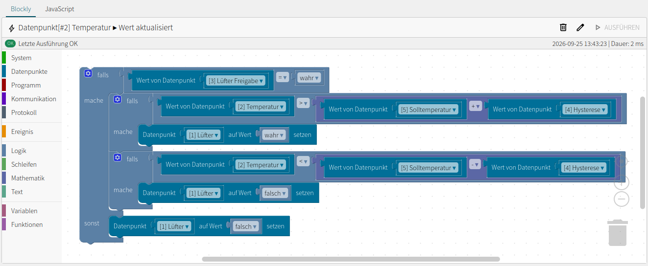 Blockly-Programm zur Lüfterregelung mit Freigabe, Solltemperatur und Hysterese