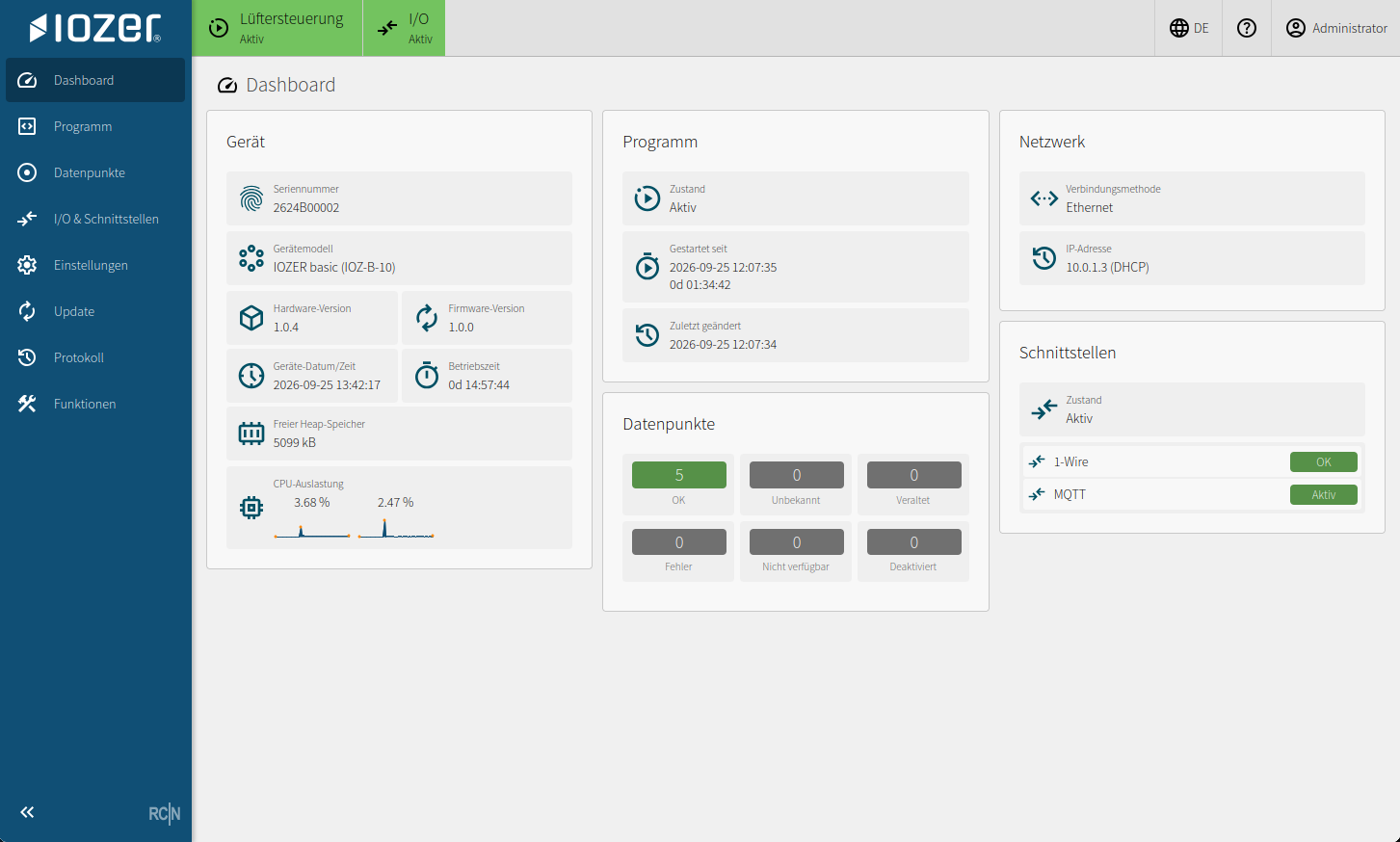 Dashboard der lokalen IOZER-Weboberfläche mit Gerätezustand, laufendem Programm und aktiven Schnittstellen