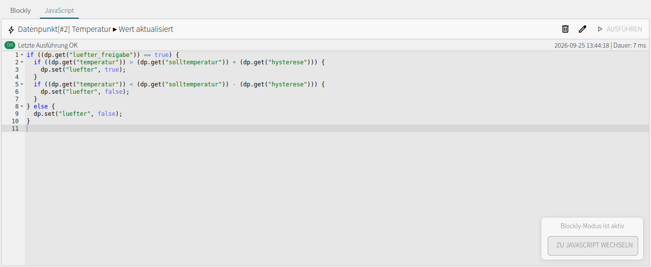 JavaScript-Ansicht derselben Lüfterregelung mit Freigabe, Solltemperatur und Hysterese